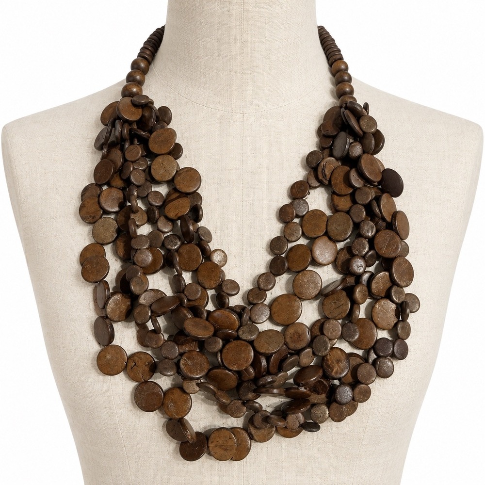 Vintage Wood Bib Necklace OS Brown Gold Multi Strand Statement